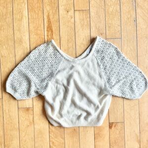 FABE 90s Cream Knit Cropped Sweater Angora Rabbit Beaded Sleeves Size Medium